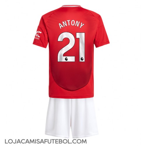 Camisa de Futebol Manchester United Antony #21 Equipamento Principal Infantil 2024-25 Manga Curta (+ Calças curtas)